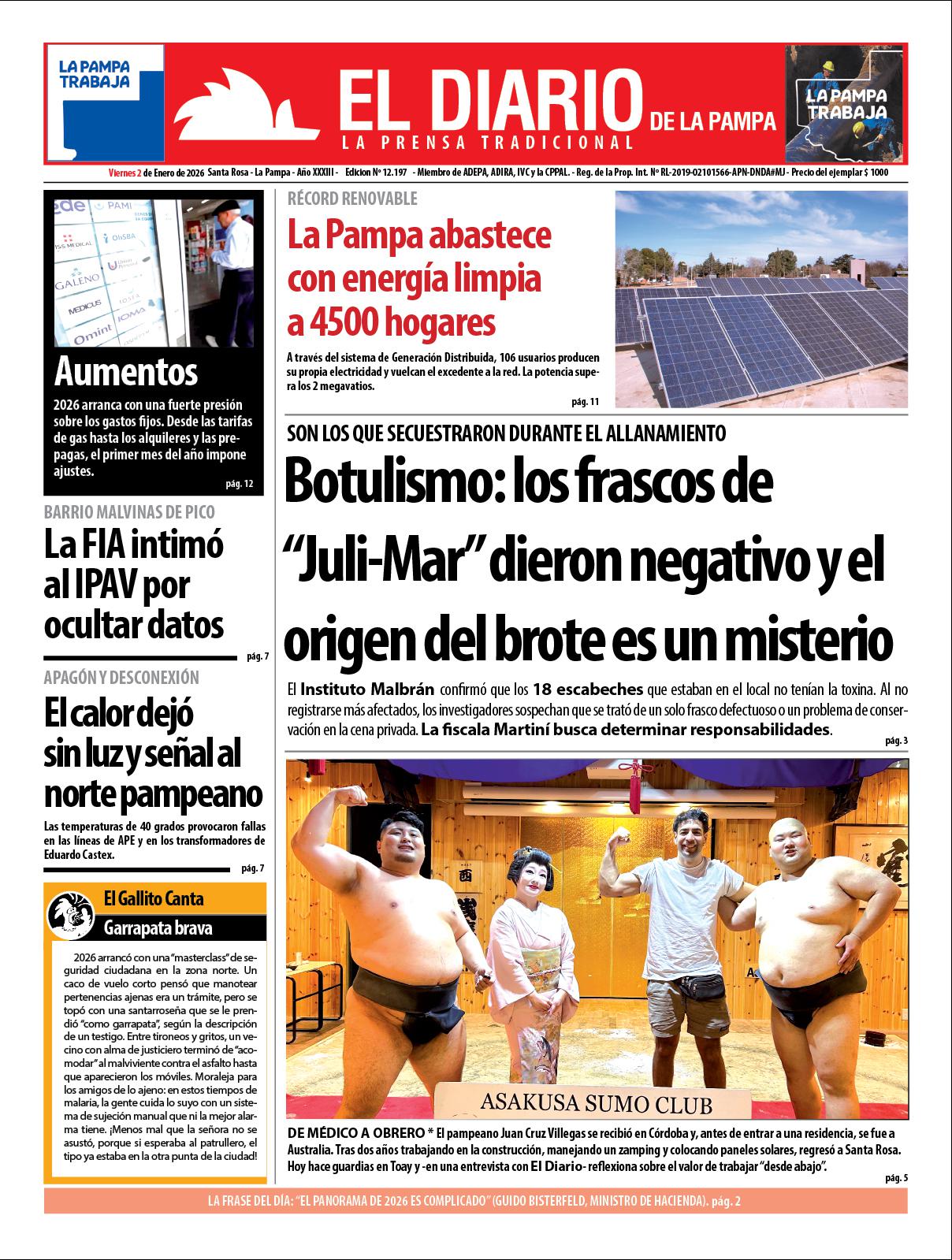 Tapa de El Diario en papel  viernes 02 de enero de 2026